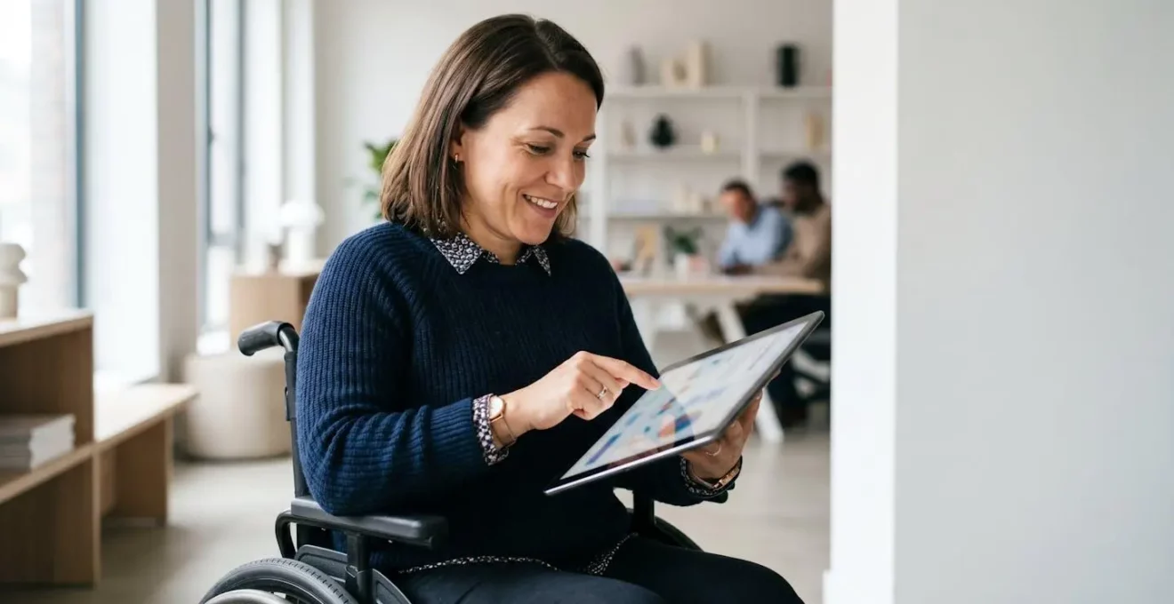 Personne en fauteuil roulant utilisant une tablette pour accéder à une formation en ligne dans un environnement lumineux et moderne