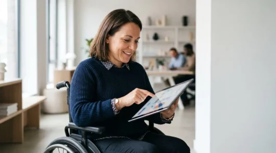 Personne en fauteuil roulant utilisant une tablette pour accéder à une formation en ligne dans un environnement lumineux et moderne