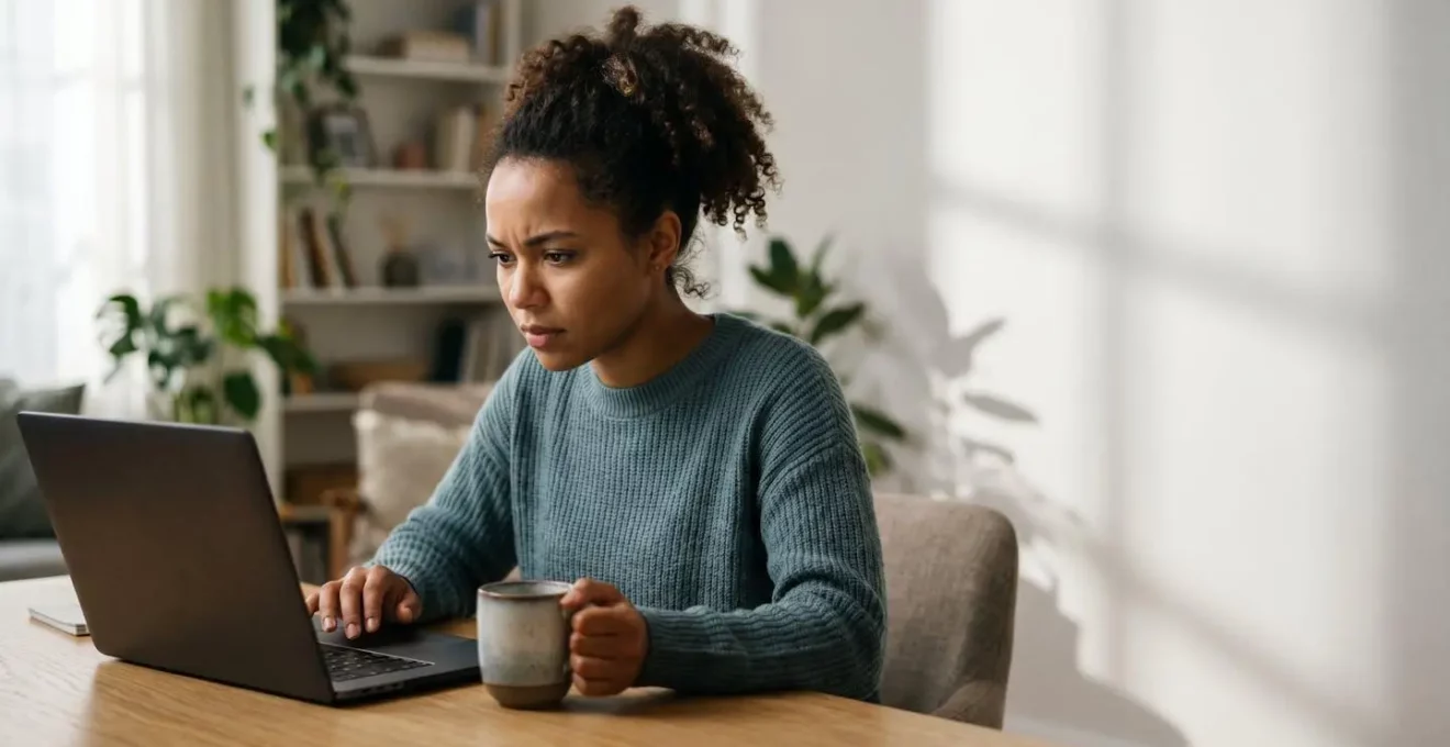 Personne déterminée étudiant sur un ordinateur dans un environnement domestique organisé avec lumière naturelle et ambiance concentrée