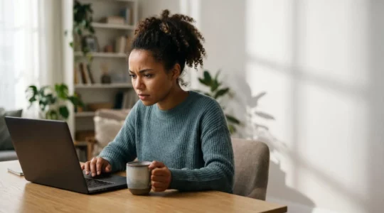 Personne déterminée étudiant sur un ordinateur dans un environnement domestique organisé avec lumière naturelle et ambiance concentrée