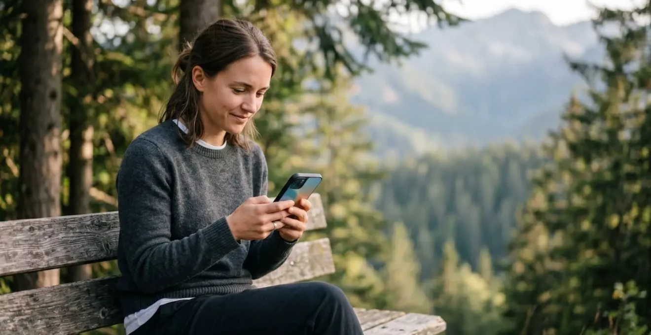 Personne consultant une formation vidéo sur smartphone dans un environnement naturel sans connexion