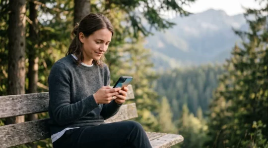 Personne consultant une formation vidéo sur smartphone dans un environnement naturel sans connexion