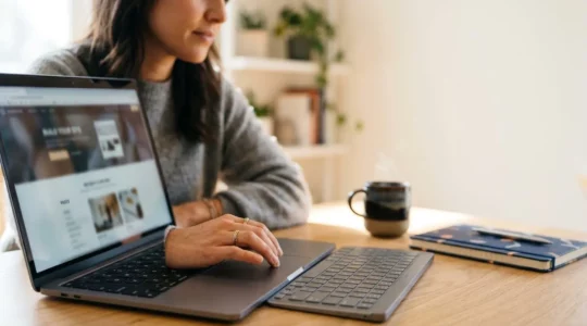 Personne créant un site web professionnel sur ordinateur portable sans compétences en programmation