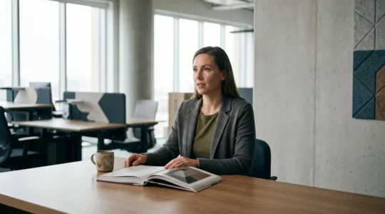 Professionnel en situation d'apprentissage actif dans un environnement de travail moderne