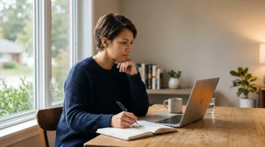 Professionnel adulte suivant une formation diplômante à distance sur ordinateur portable