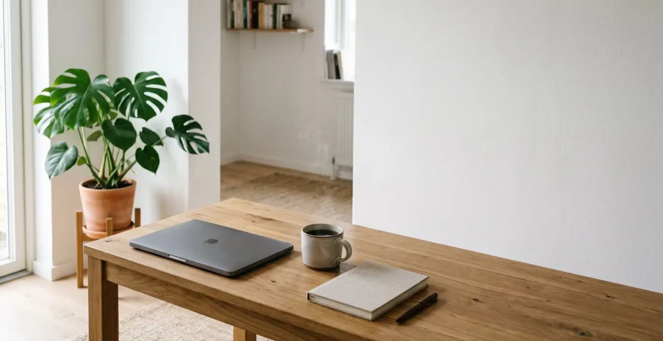 Vue large d'un espace de travail domestique minimaliste avec lumière naturelle symbolisant les économies réalisées en formation à distance