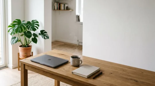 Vue large d'un espace de travail domestique minimaliste avec lumière naturelle symbolisant les économies réalisées en formation à distance
