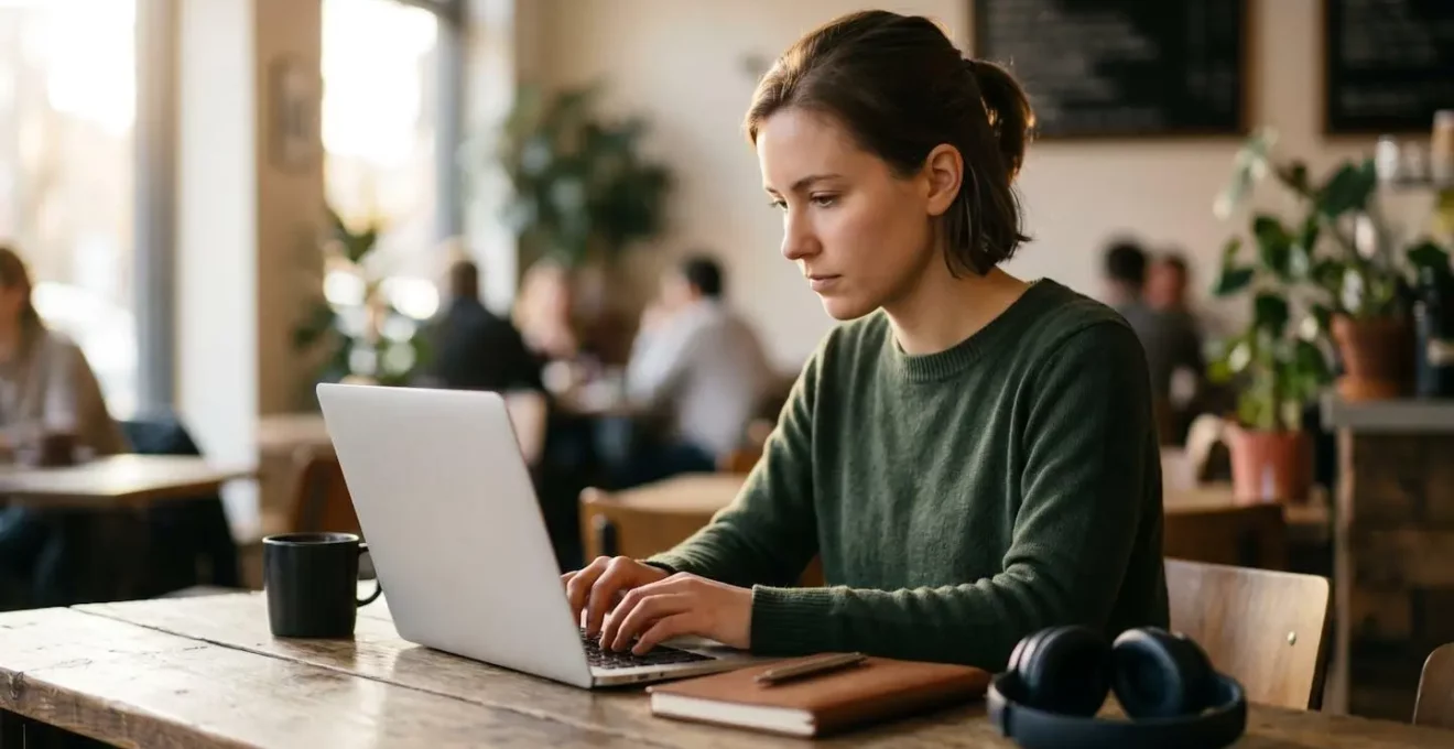 Étudiant concentré travaillant sur son ordinateur portable dans un café lumineux, illustrant la flexibilité de la formation hybride