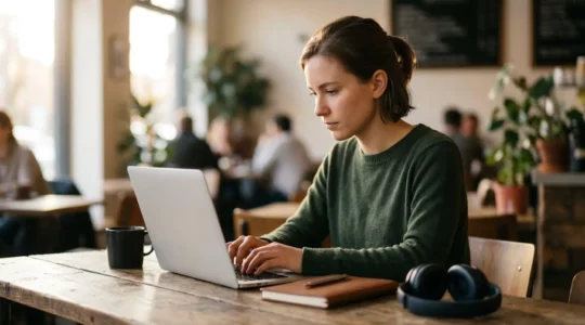 Étudiant concentré travaillant sur son ordinateur portable dans un café lumineux, illustrant la flexibilité de la formation hybride