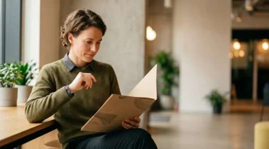 Personne consultant un dossier de formation professionnelle dans un espace lumineux