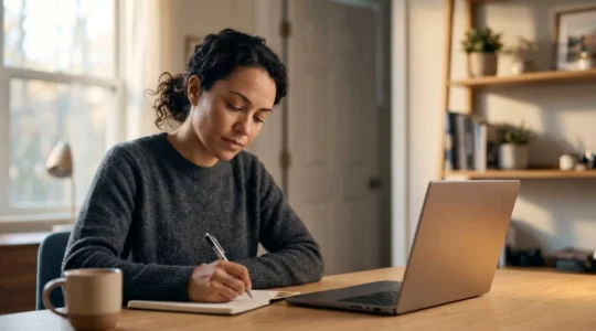 Professionnel équilibrant formation en ligne et travail dans un environnement moderne