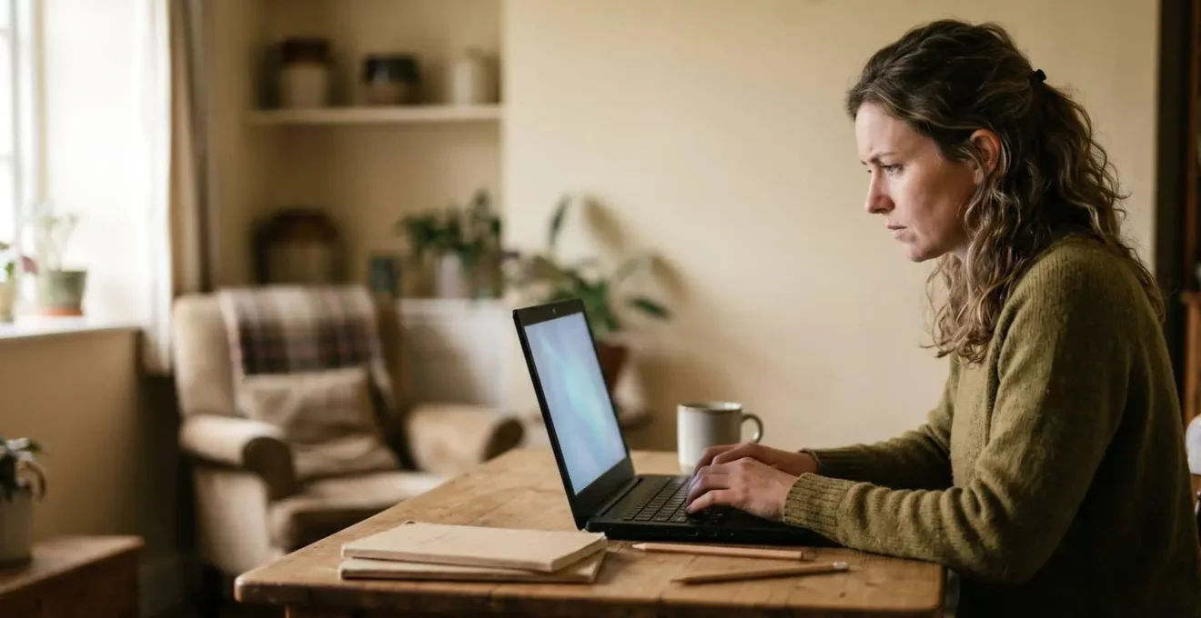 Personne travaillant sur un ordinateur portable dans un environnement rural avec connexion internet limitée