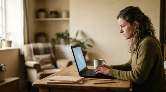 Personne travaillant sur un ordinateur portable dans un environnement rural avec connexion internet limitée