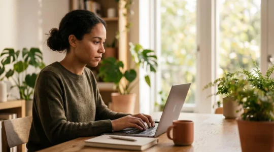 Personne concentrée travaillant sur ordinateur portable dans un environnement créatif moderne