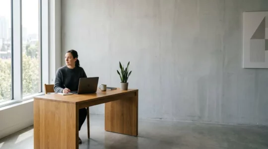 Professionnel concentré sur un ordinateur portable dans un espace de travail moderne, symbolisant la formation à distance