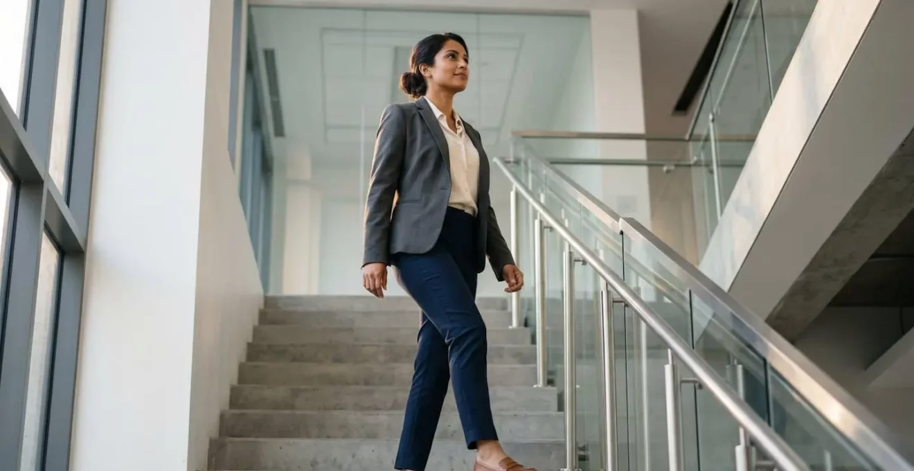 Professionnel en pleine ascension dans un environnement de travail moderne symbolisant l'évolution de carrière après une formation