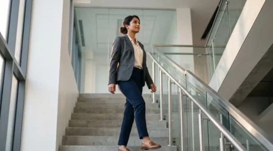 Professionnel en pleine ascension dans un environnement de travail moderne symbolisant l'évolution de carrière après une formation