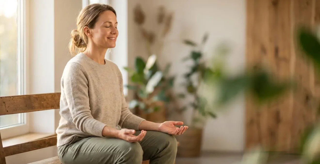 Une personne sereine dans un espace lumineux contemplatif incarnant la transformation intérieure et l'épanouissement personnel