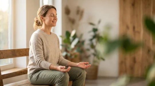 Une personne sereine dans un espace lumineux contemplatif incarnant la transformation intérieure et l'épanouissement personnel
