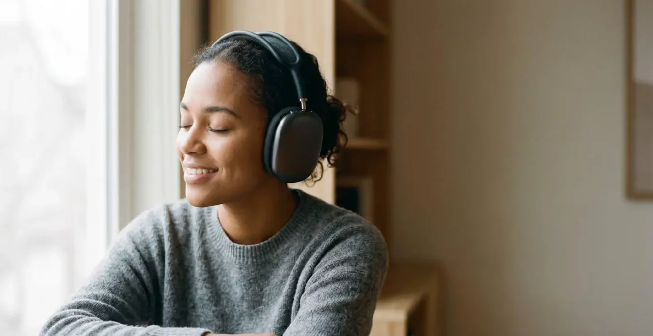 Personne concentrée écoutant un contenu éducatif avec des écouteurs dans un environnement calme