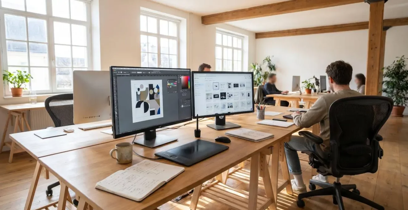 Bureau de graphiste moderne avec deux écrans affichant des logiciels de création graphique, tablette numérique et espace de travail organisé baigné de lumière naturelle