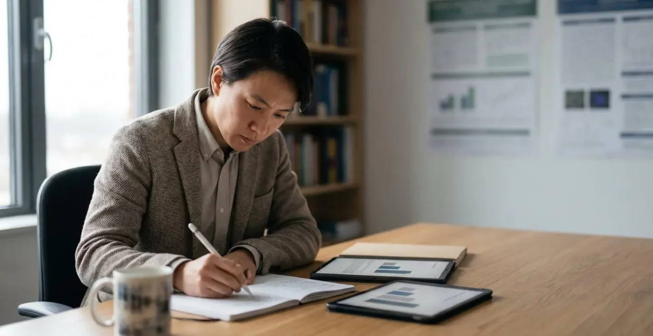 Professionnel concentré travaillant sur analyse financière et tableaux de bord dans un environnement de formation à distance