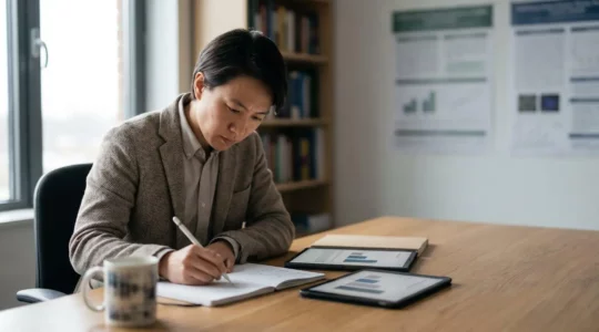 Professionnel concentré travaillant sur analyse financière et tableaux de bord dans un environnement de formation à distance