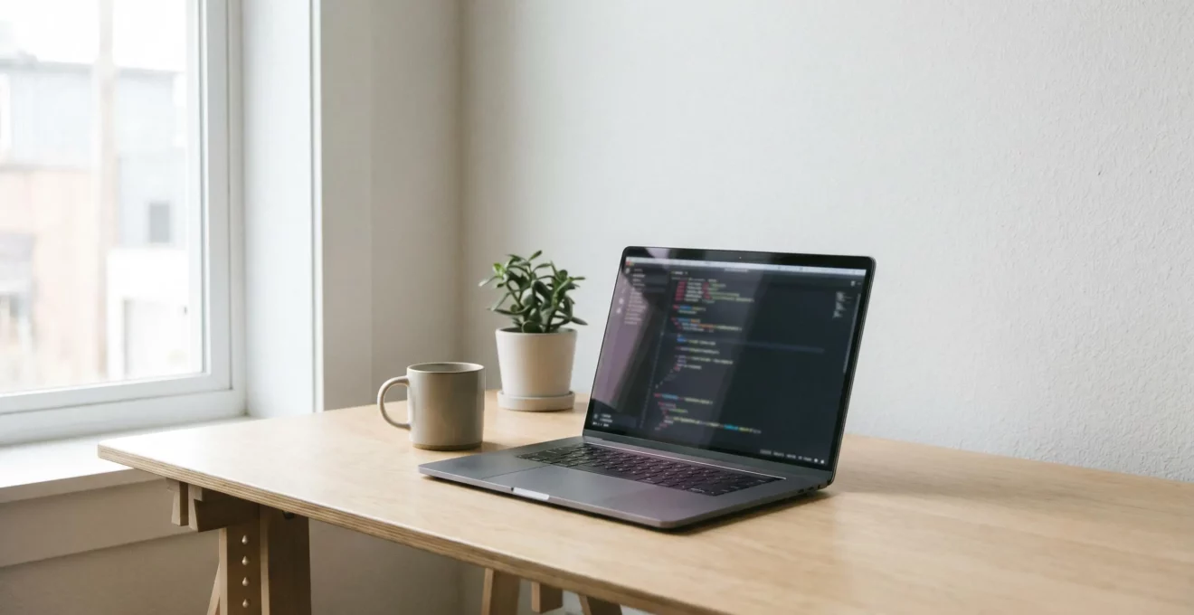 Vue grand angle d'un bureau moderne avec un ordinateur portable ouvert sur du code, dans un environnement minimaliste et lumineux évoquant l'apprentissage à distance