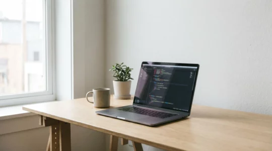 Vue grand angle d'un bureau moderne avec un ordinateur portable ouvert sur du code, dans un environnement minimaliste et lumineux évoquant l'apprentissage à distance