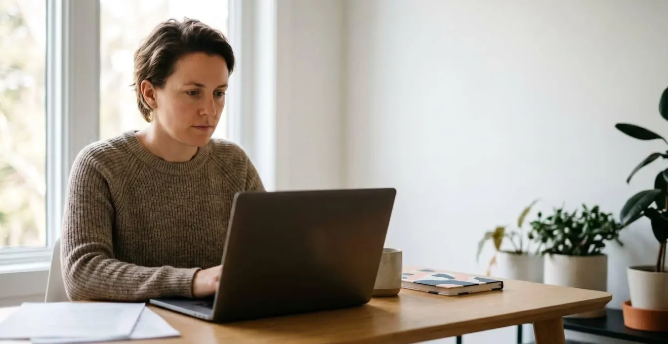 Professionnel de la comptabilité travaillant à distance dans un espace de bureau moderne et épuré