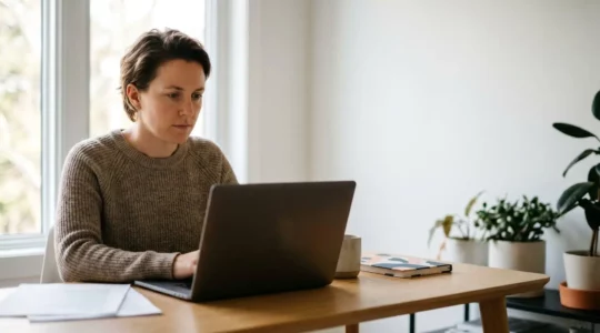 Professionnel de la comptabilité travaillant à distance dans un espace de bureau moderne et épuré