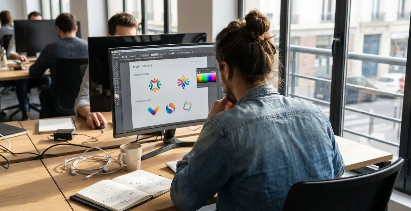 Graphiste travaillant sur la création d'une identité visuelle à l'écran, vu de dos dans un environnement de travail moderne et lumineux