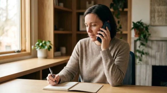 Personne concentrée utilisant un téléphone pour un cours à distance dans un environnement calme