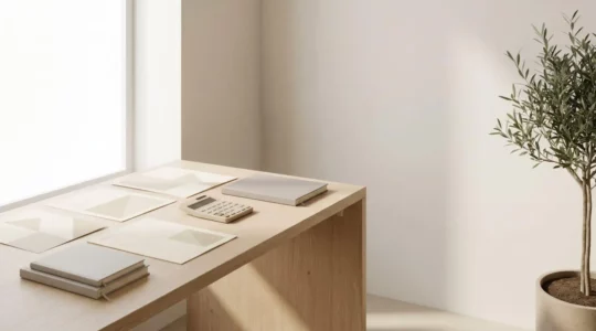 Espace de travail professionnel en comptabilité avec documents et outils de gestion