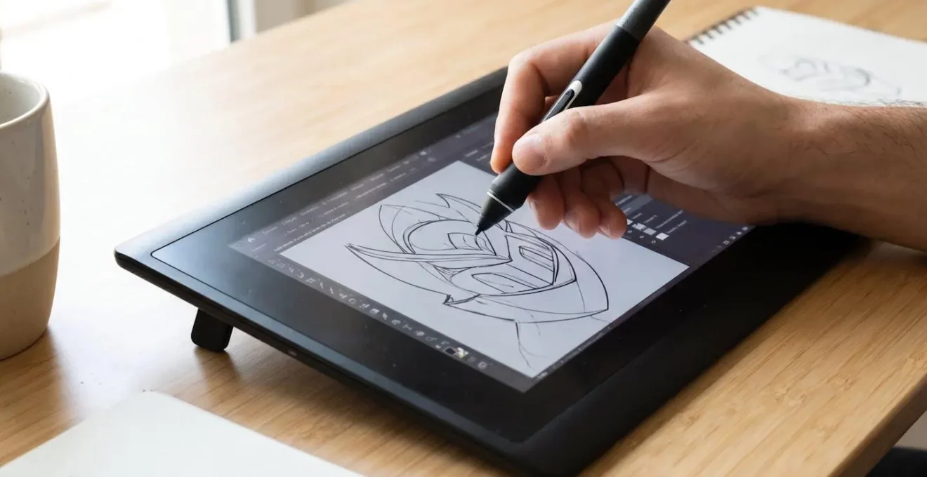 Gros plan sur une tablette graphique et un stylet en train de créer une illustration vectorielle avec précision