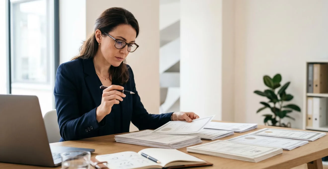 Professionnel examinant attentivement des documents officiels de certification dans un bureau moderne