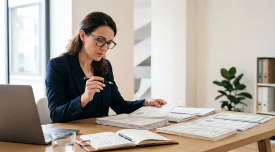 Professionnel examinant attentivement des documents officiels de certification dans un bureau moderne